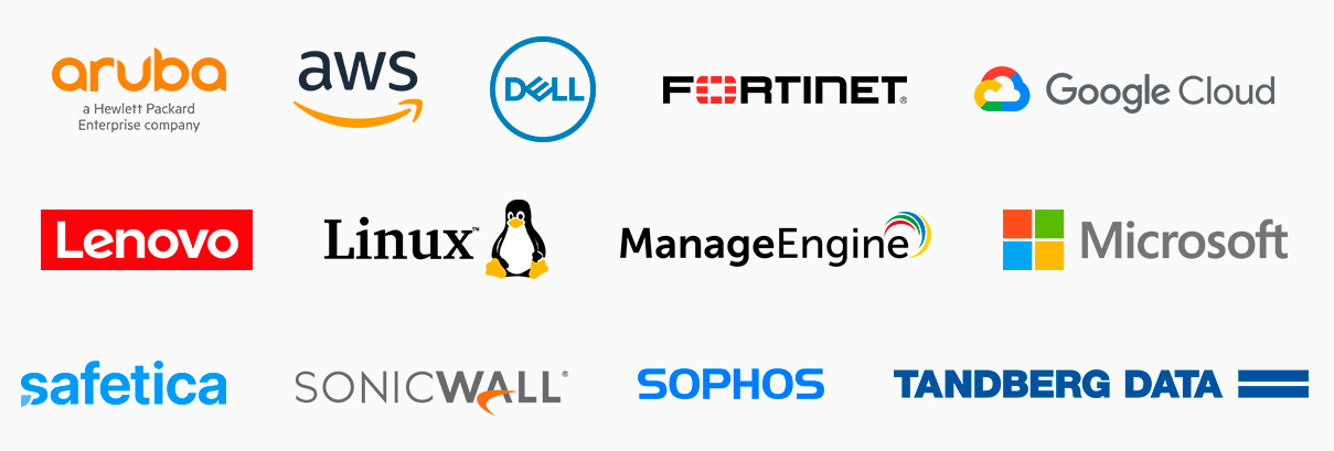 Aruba, AWS, DELL, Fortinet, Google Cloud, Lenovo, Linux, ManageEngine, Microsoft, Safetica, SonicWall, Sophos, Tandberg Data.